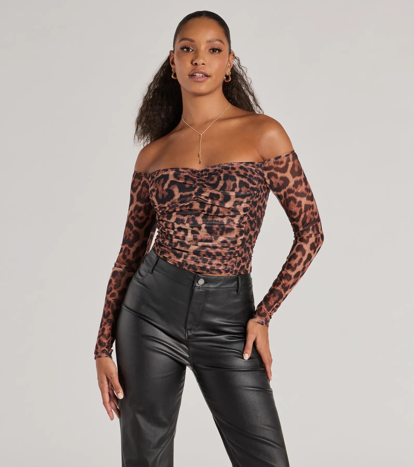 Sultry Leopard Print Mesh Off-The-Shoulder Top Unique Women's Upcycled