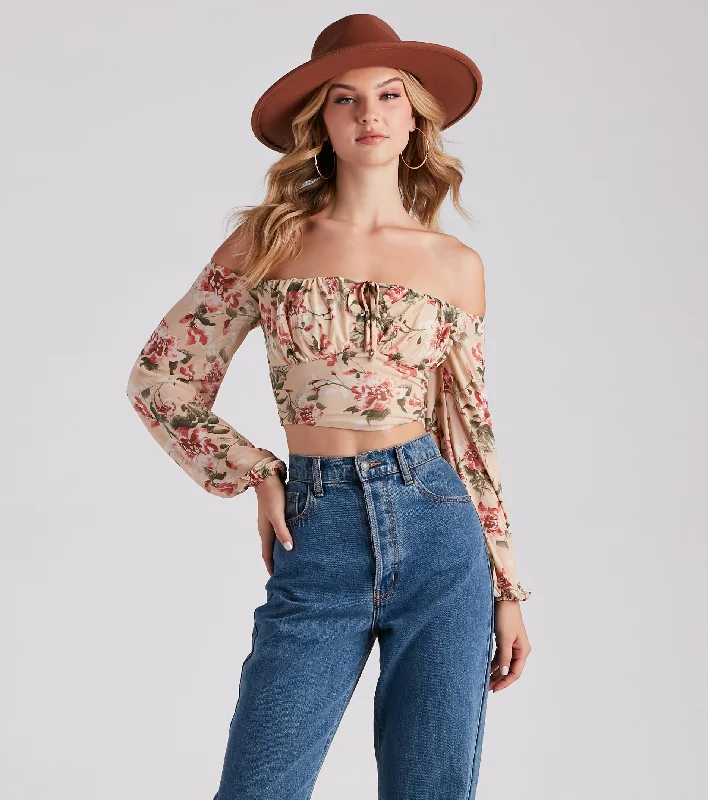 Flawless Floral Mesh Tie Crop Top Traditional Women's 