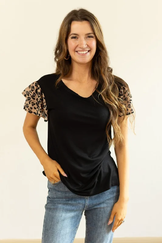 Black Top with Leopard Flutter Sleeves Artistic Women's Avant - 