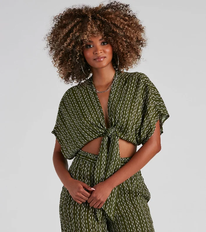 In Line Tie-Front Striped Top Tough Women's Military - inspired
