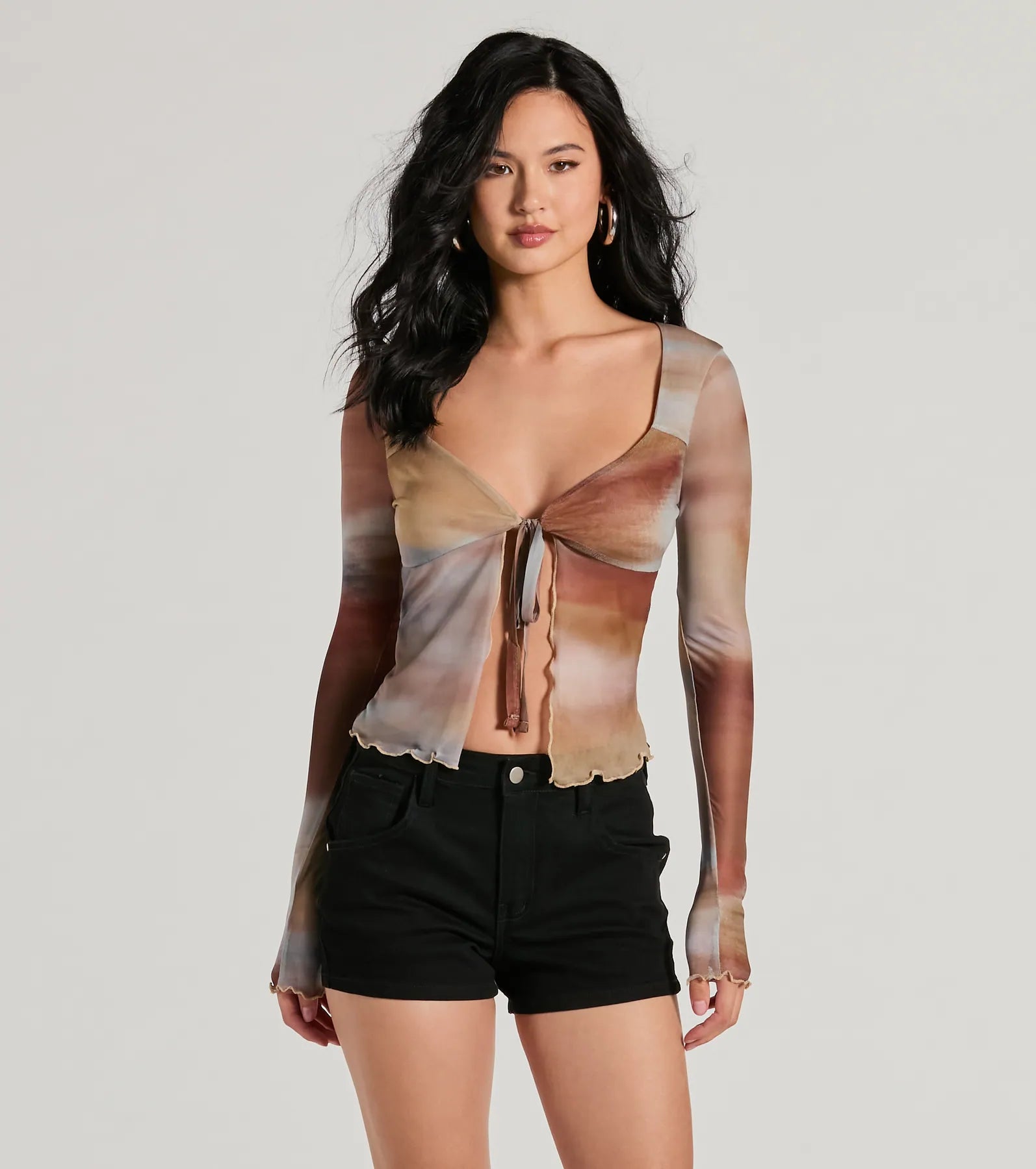 Dreamy Watercolor Mesh Tie-Front Top Business