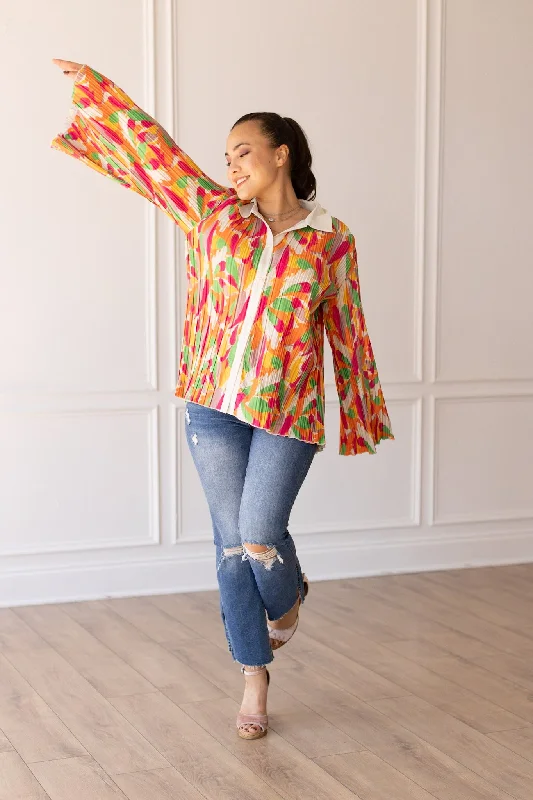 Pleats and Petals Flare Sleeve Top Earthy Women's 