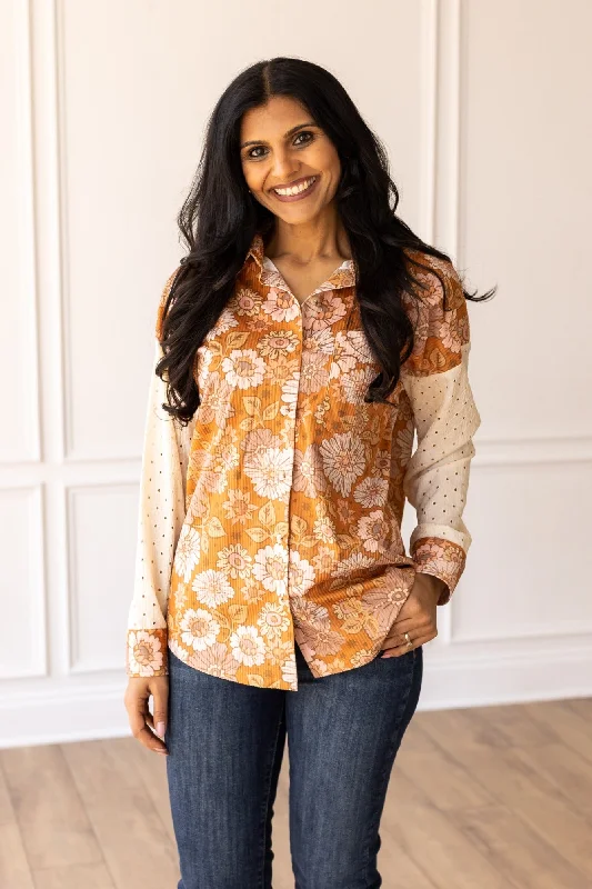 She's The One Orange Floral Button Down Compression