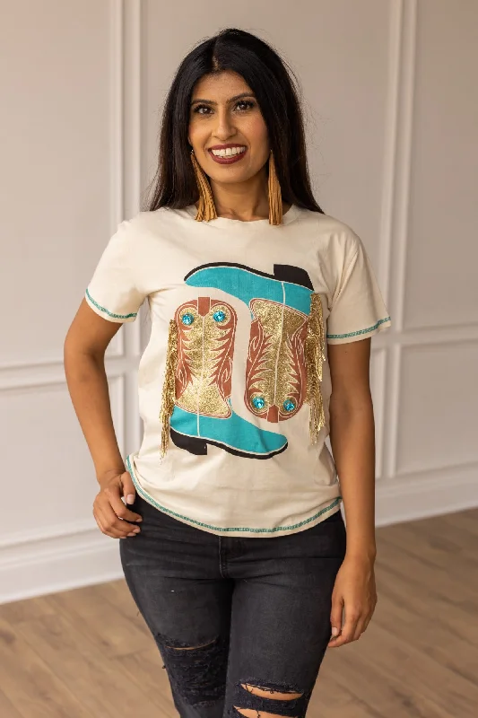 Western Boot Graphic on Beige Tee Earthy Women's Hemp - based
