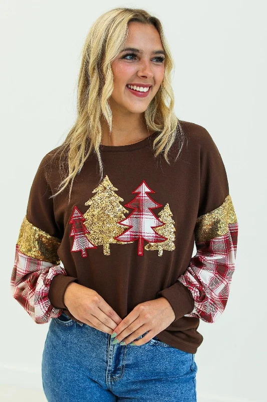 Brown Plaid Christmas Tree Sweatshirt Hip Women's Urban
