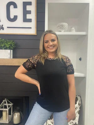 Lovely Lace Black Top with Leopard Sleeve Elegant Women's 