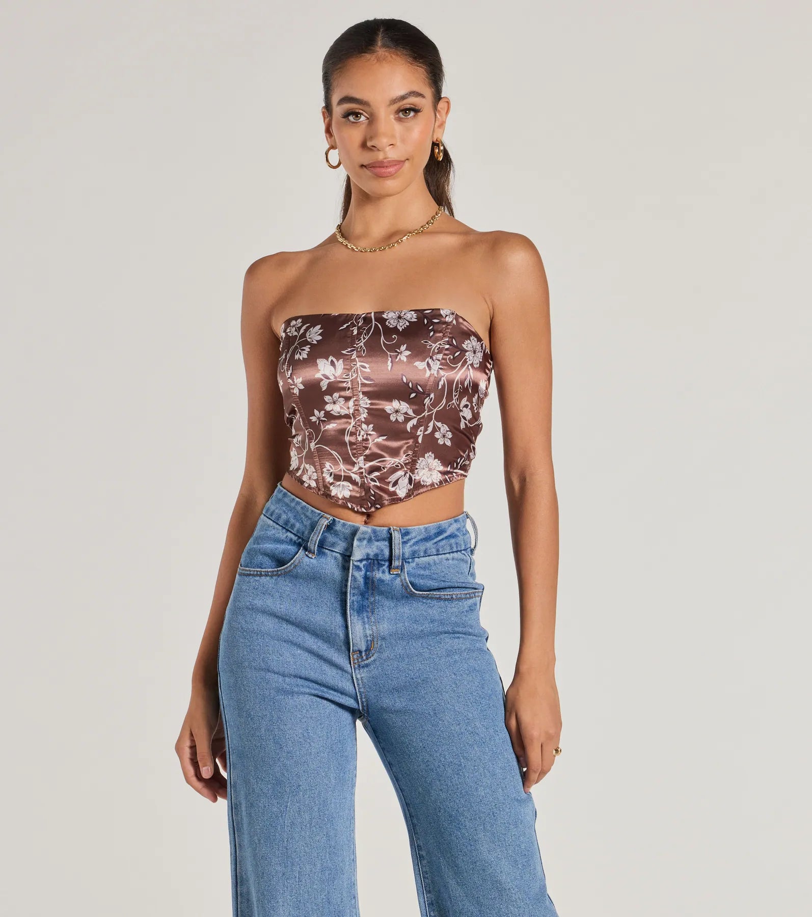 Chic Sheen Floral Satin Strapless Corset Top Preppy Women's College