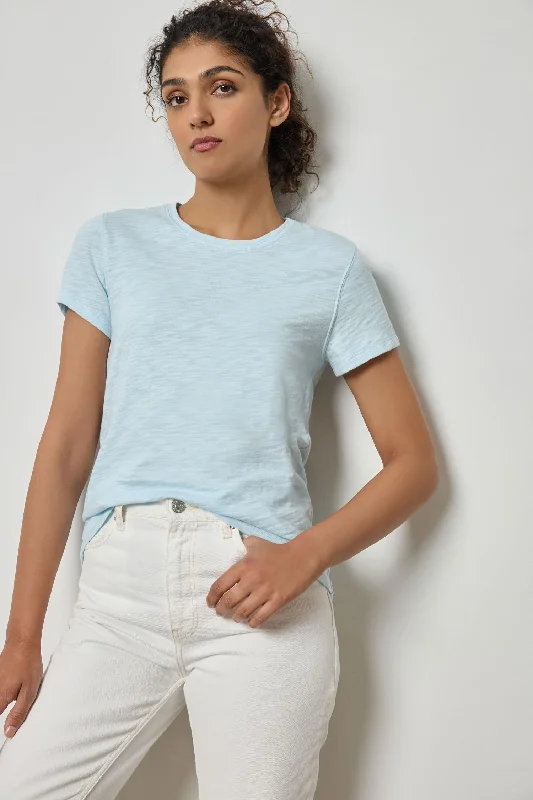 Short Sleeve Back Seam Crewneck Polished Women's Silk