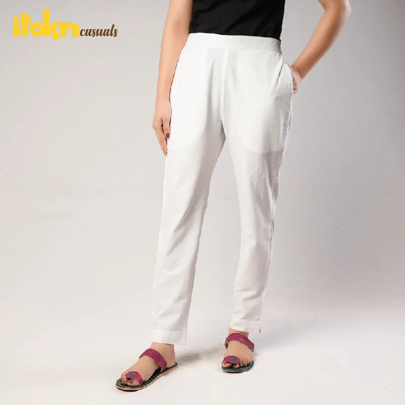 White - Handloom Cotton Tapered Casual Pant for Women Gym