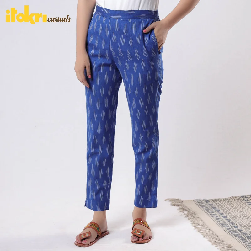 Blue - Pochampally Ikat Cotton Tapered Casual Pant for Women French