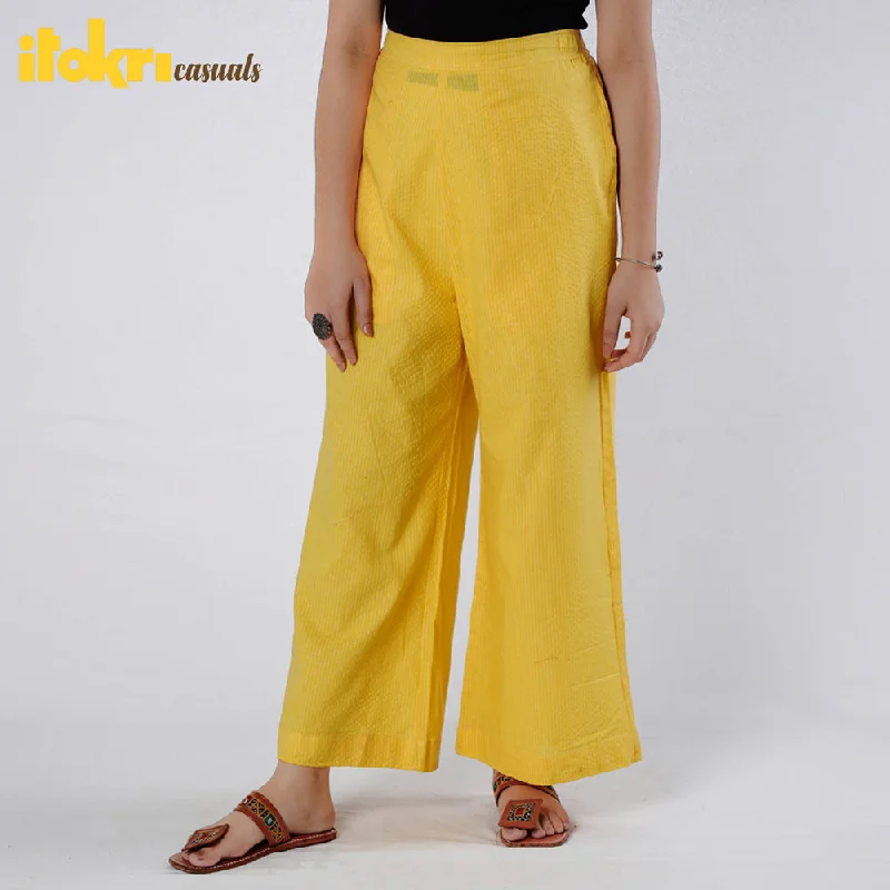 Yellow - Running Stitch Cotton Palazzo by iTokri Casuals Adventure