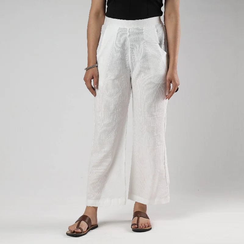 White - Running Stitch Cotton Palazzo by iTokri Casuals Trendy Women's Oversized