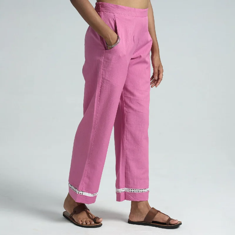 Pink - Plain Flex Cotton Elasticated Palazzo with Lace Work 01 Preppy Women's College