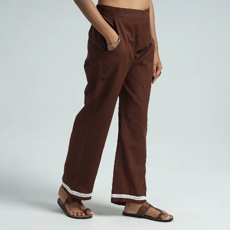 Dark Brown - Plain Flex Cotton Elasticated Palazzo with Lace Work 02 Refined Women's Hand - crafted