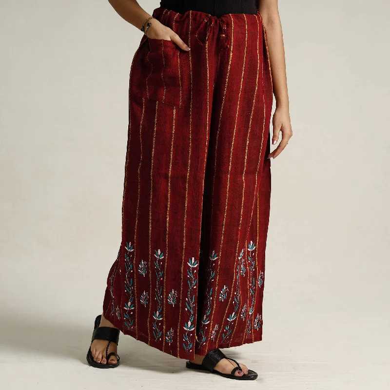Maroon - Bengal Khesh Weaving Kantha Embroidery Cotton Palazzo 101 Laid - back Women's Style