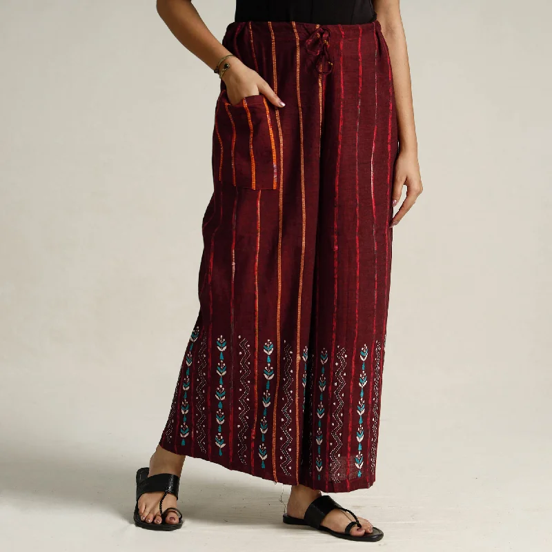 Maroon - Bengal Khesh Weaving Kantha Embroidery Cotton Palazzo 102 British Gentlewoman Style