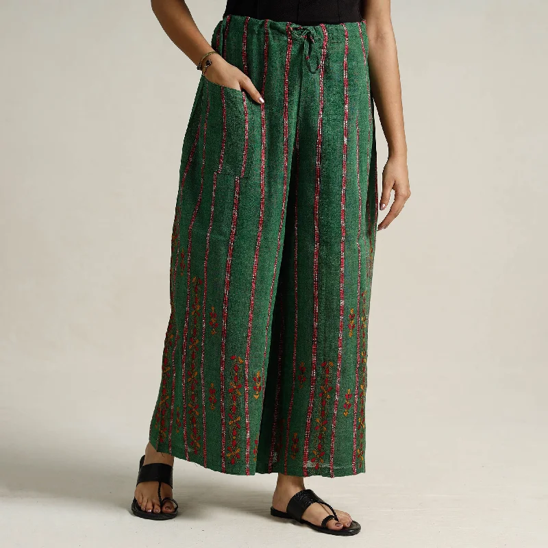 Green - Bengal Khesh Weaving Kantha Embroidery Cotton Palazzo 97 Bold Women's Statement