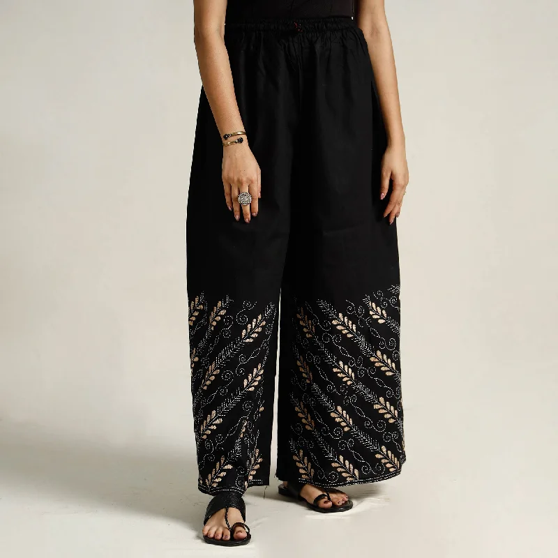 Black - Bengal Kantha Embroidered Pure Cotton Palazzo 17 Hip Women's Retro