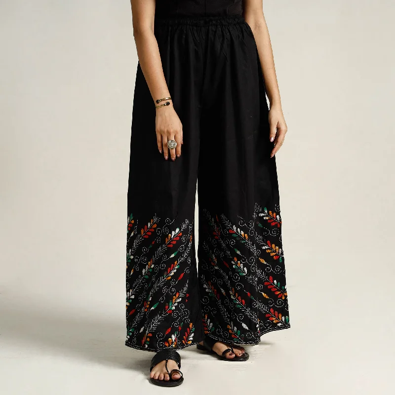 Black - Bengal Kantha Embroidered Pure Cotton Palazzo 19 Athletic Women's 