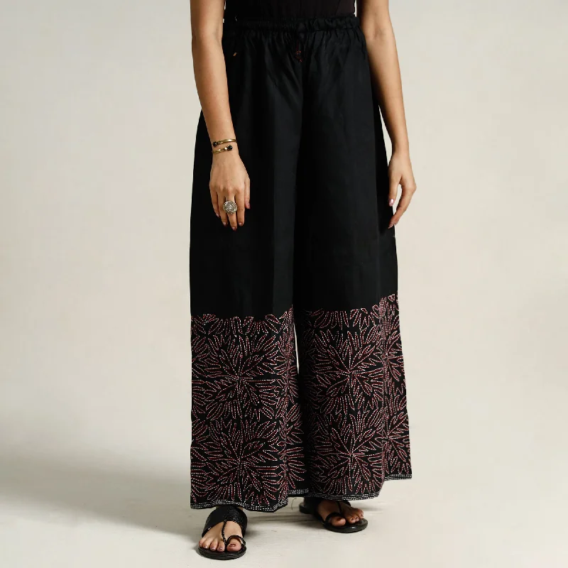 Black - Bengal Kantha Embroidered Pure Cotton Palazzo 02 Elegant Women's Formal 