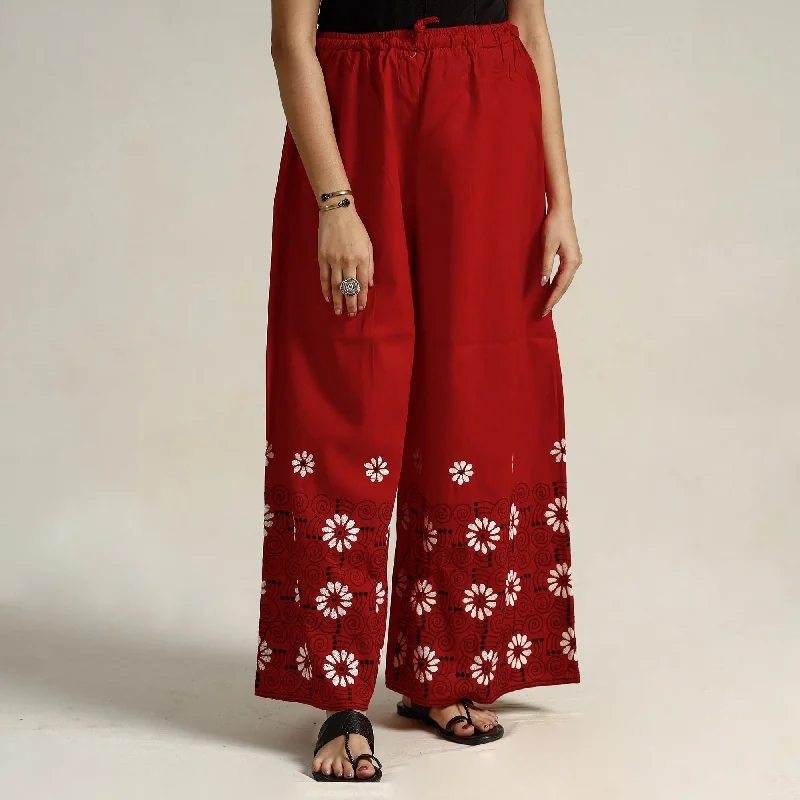 Red - Bengal Kantha Embroidered Pure Cotton Palazzo 23 Practical Women's Quick - dry Red - Bengal Kantha Embroidered Pure Cotton Palazzo 23 Practical Women's Quick - dry
