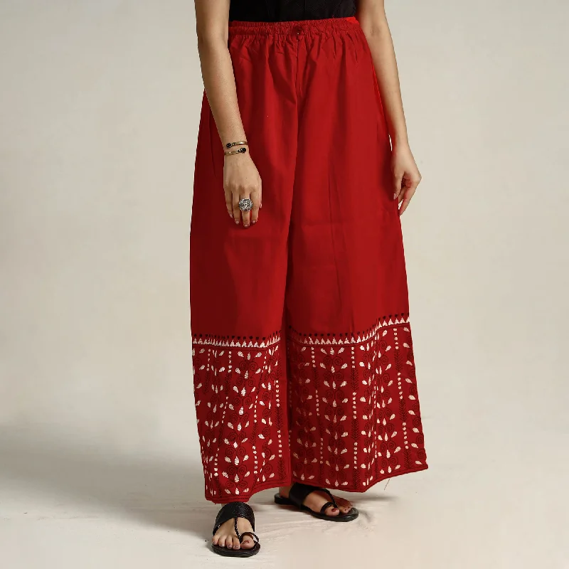 Red - Bengal Kantha Embroidered Pure Cotton Palazzo 25 Stylish Women's Neon