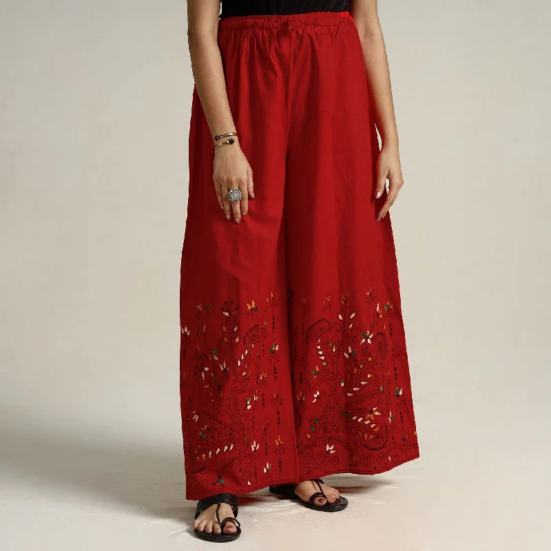 Red - Bengal Kantha Embroidered Pure Cotton Palazzo 27 Sophisticated Women's Tailored