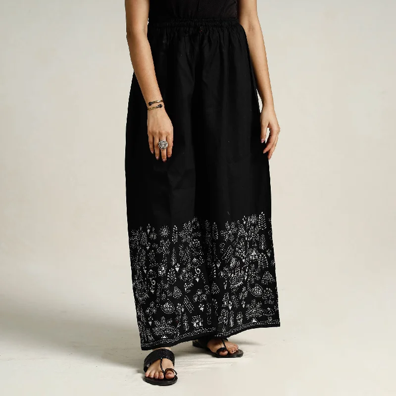 Black - Bengal Kantha Embroidered Pure Cotton Palazzo 31 Trendy Women's Oversized
