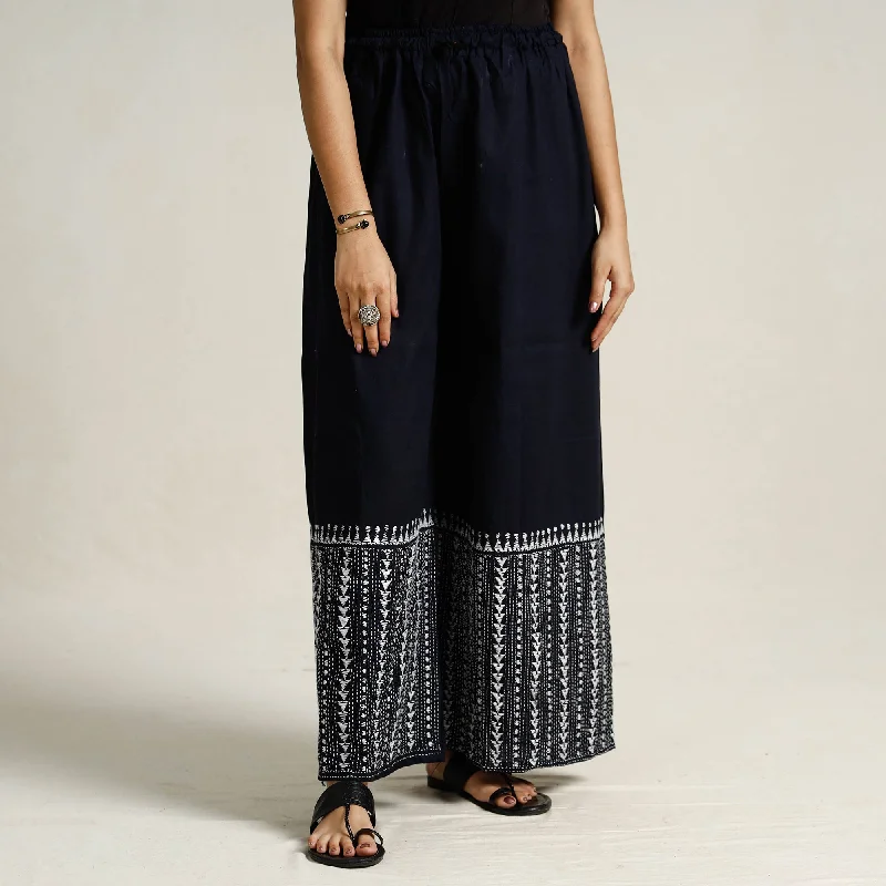 Blue - Bengal Kantha Embroidered Pure Cotton Palazzo 36 Hip Women's Urban