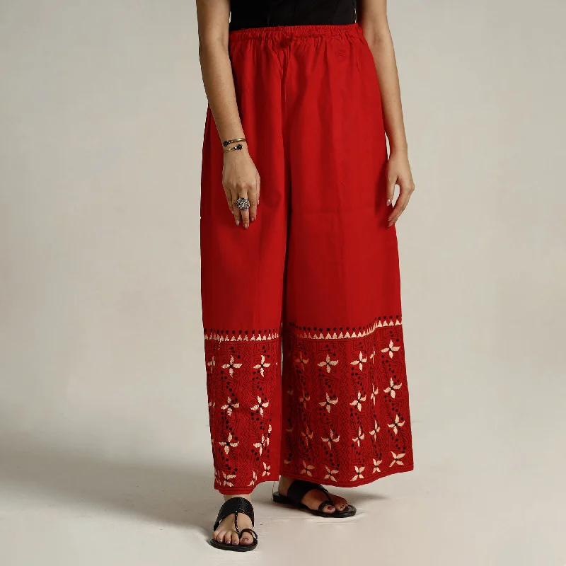 Red - Bengal Kantha Embroidered Pure Cotton Palazzo 04 purpose