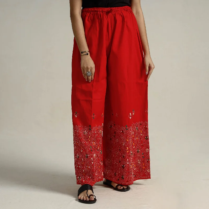 Red - Bengal Kantha Embroidered Pure Cotton Palazzo 53 Confident Women's Power