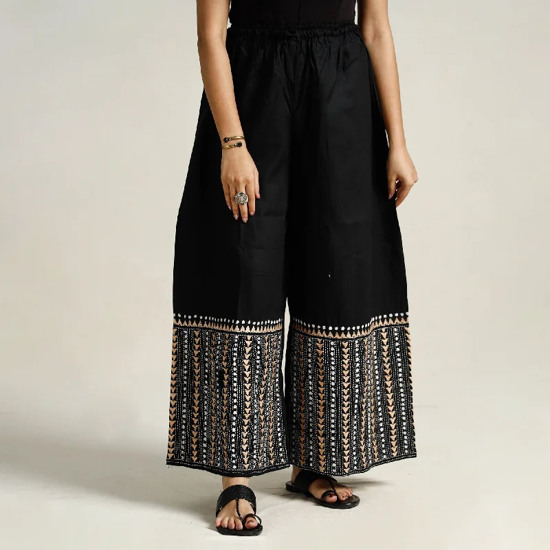 Black - Bengal Kantha Embroidered Pure Cotton Palazzo 06 Preppy Women's College