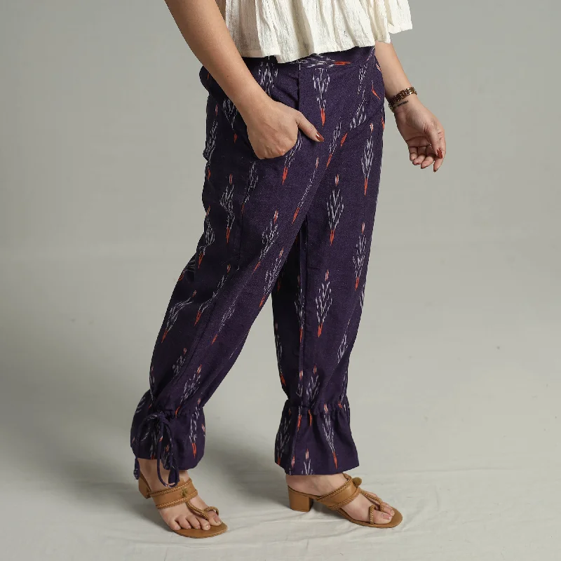 Purple - Pochampally Ikat Weave Cotton Elasticated Pant 16 Dapper Women's Bow - adorned