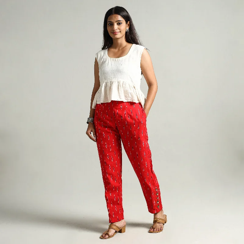 Red - Pochampally Ikat Weave Cotton Elasticated Pant 03 Geometric