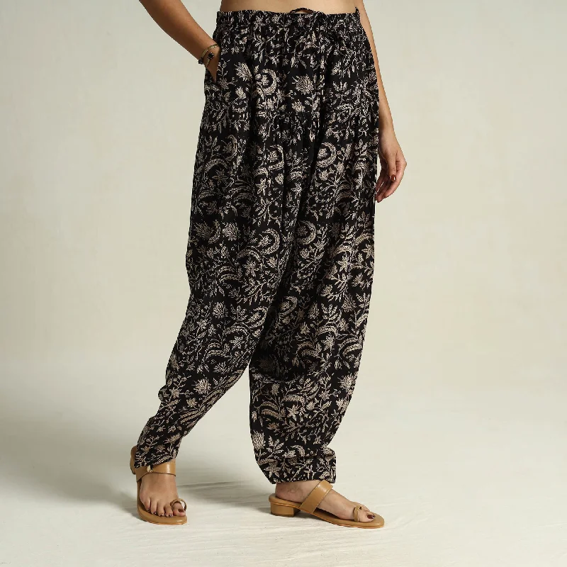 Black - Bagru Block Printed Cotton Elasticated Salwar 11 Refined Women's Classic 
