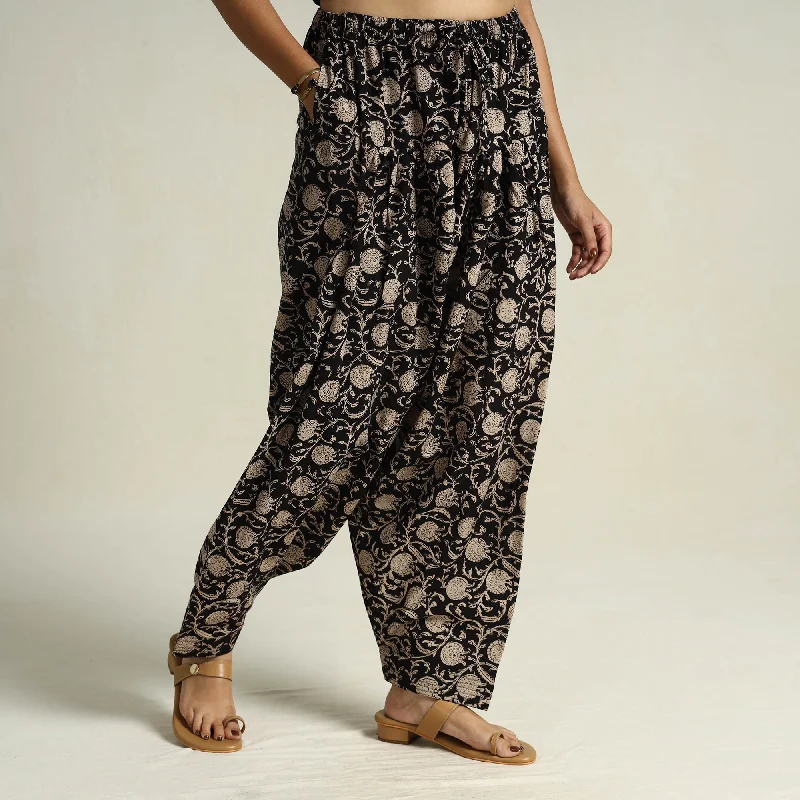 Black - Bagru Block Printed Cotton Elasticated Salwar 13 Stylish Women's Tropical 