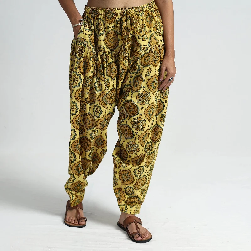 Yellow - Ajrakh Hand Block Printed Cotton Elasticated Salwar 14 Earthy Women's 