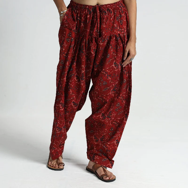 Red - Ajrakh Hand Block Printed Cotton Elasticated Salwar 19 Practical Women's Multi - 