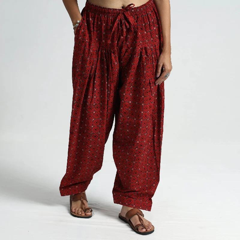 Red - Ajrakh Hand Block Printed Cotton Elasticated Salwar 03 Feminine Women's Soft Red - Ajrakh Hand Block Printed Cotton Elasticated Salwar 03 Feminine Women's Soft