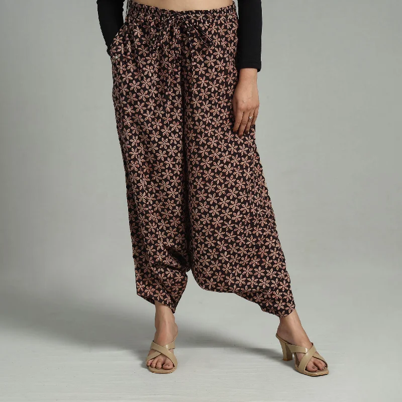 Black - Bagru Block Print Cotton Elasticated Harem Pant 04 Feminine Women's Soft 