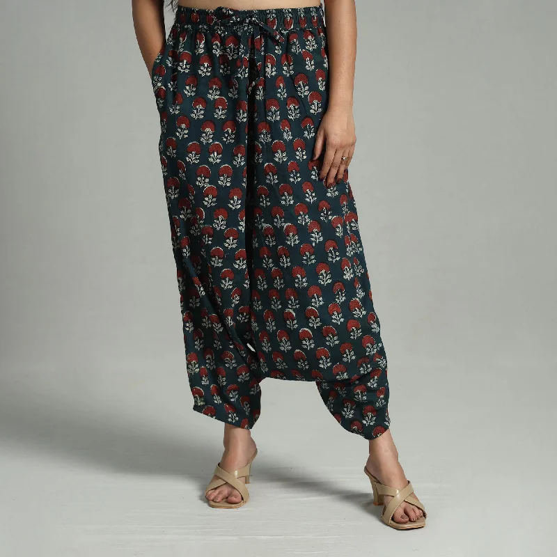Green - Bagru Block Print Cotton Elasticated Harem Pant 05 Women