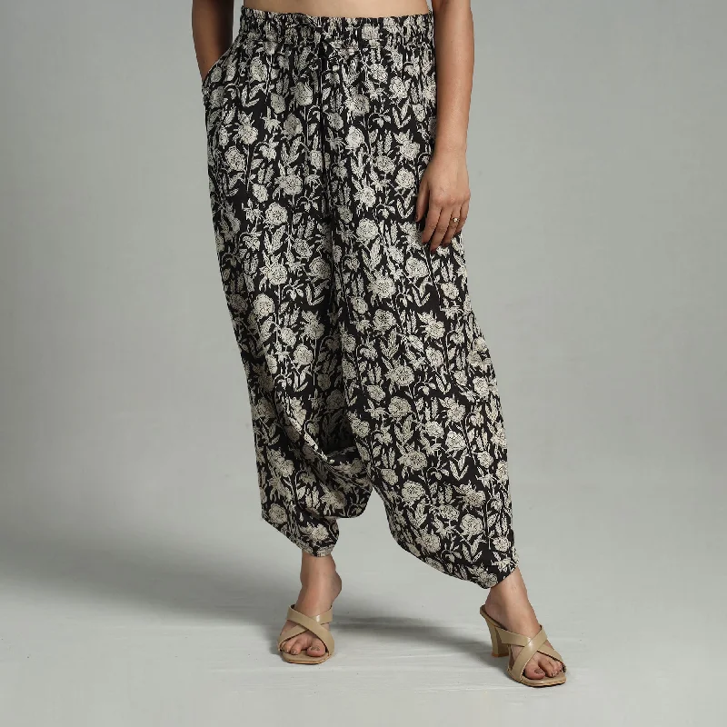 Black - Bagru Block Print Cotton Elasticated Harem Pant 07 Unique Women's Upcycled