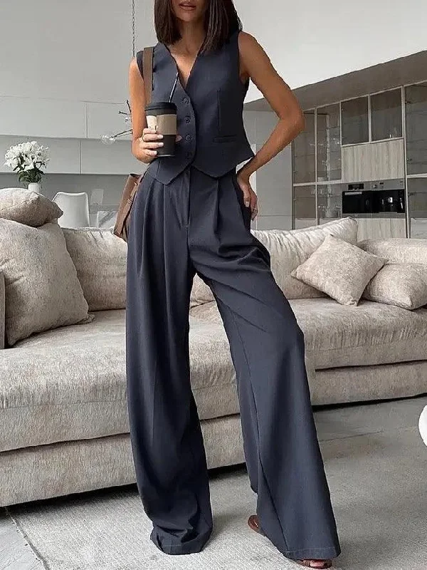 Bisco Statement Linen Vest Suit with Pants Feminine Women's Style 
