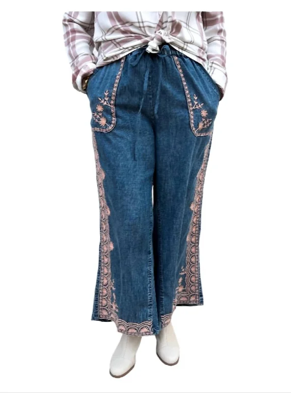 Border Embroidery Denim Pants In Blue Feminine Women's Style 