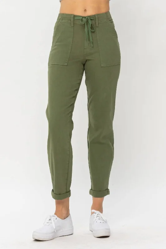 Elastic Waist Cuffed Joggers In Olive Cozy Women's Sherpa - lined