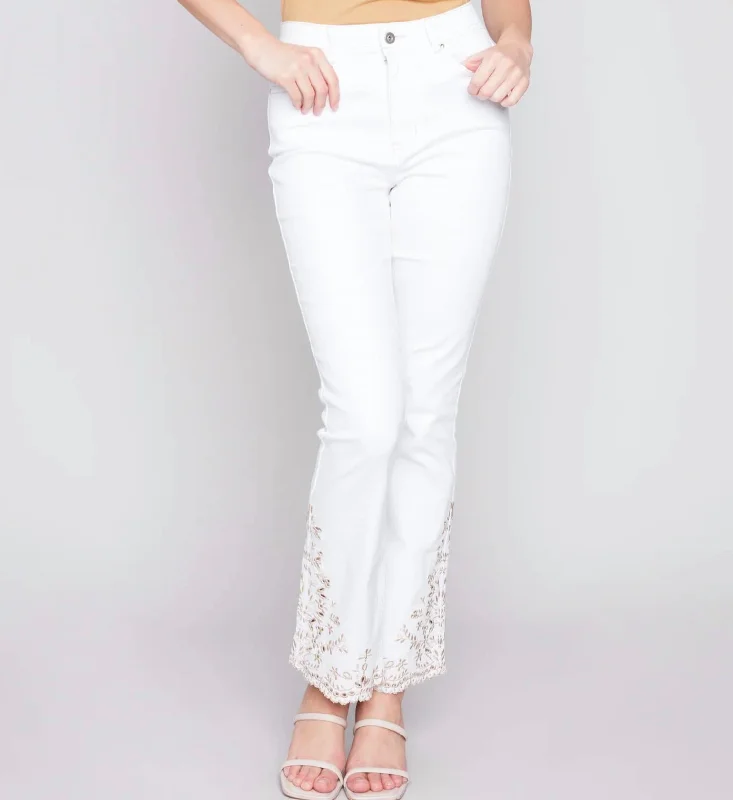 Embroidered Hem Pant In White Compression