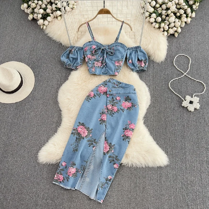 Mimi Denim Floral Co-ord Set Laid - back Women's Style