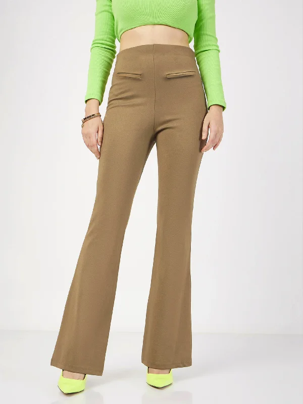 Women Beige Bone Pocket Bell Bottom Pants Street