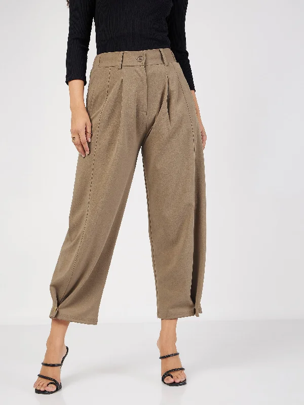 Women Beige Button Hem Darted Balloon Pants Relaxed Women's 