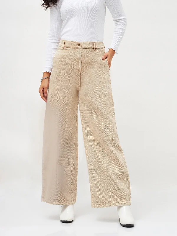 Women Beige Denim Flared Pants Cool Women's Distressed